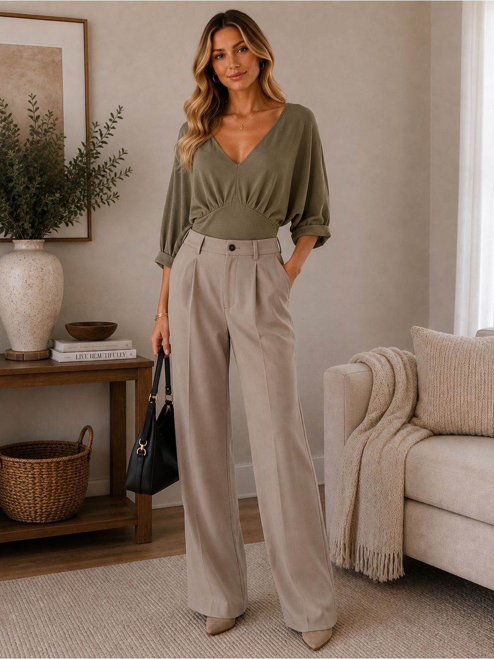 Olive V-Neck Dolman Top - Unbranded